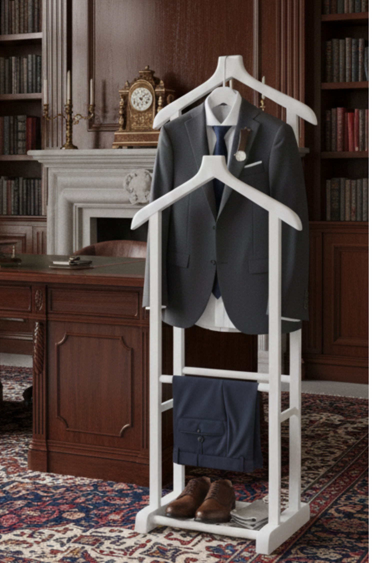 Stone Çift Tepeli Dilsiz Uşak Beyaz – Masif Kayın Ağacı Lake Boya Modern Elbise Askılığı & Şık Ceket Pantolon Standı (130x50x34 cm)
