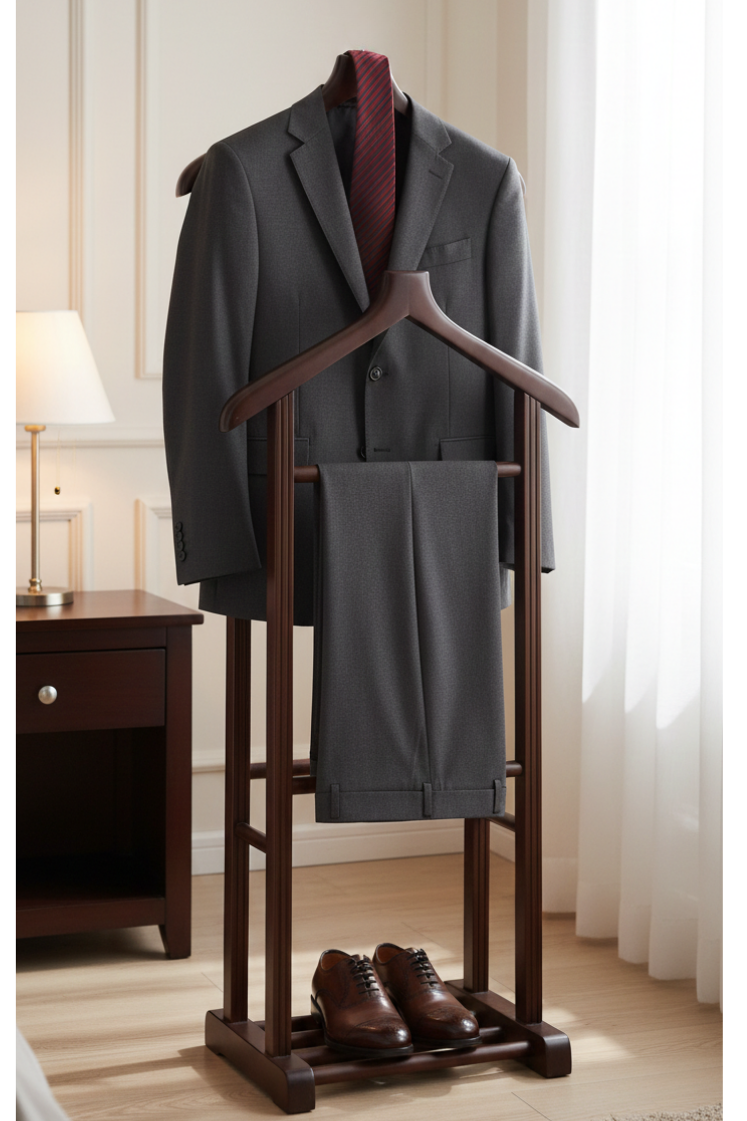 Stone Çift Tepeli Dilsiz Uşak Ceviz – Masif Kayın Ağacı Klasik Elbise Askılığı & Zamansız Ahşap Ceket Pantolon Standı (130x50x34 cm)