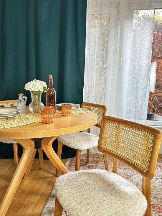 Woodenbend Arlen 100 cm Yuvarlak Natural Ahşap Yemek Masası Takımı | 4 Kişilik Hazeran Sandalyeli Modern Bohem Masa Seti