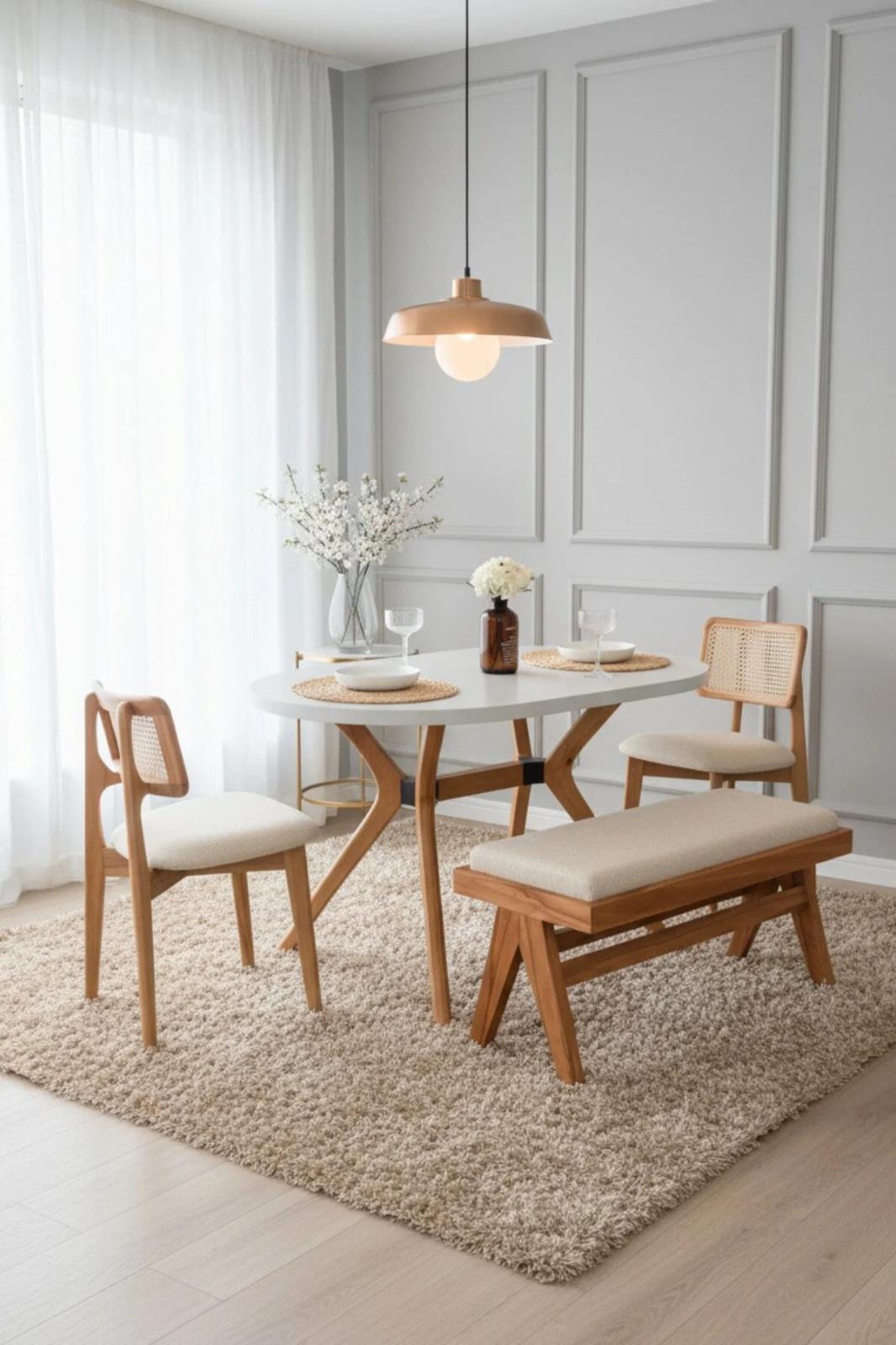 Woodenbend Arlen Natural Oval Beyaz Benchli Masa Sandalye Takımı 80x130 – 2 Sandalyeli + Benchli Ahşap Masa Seti