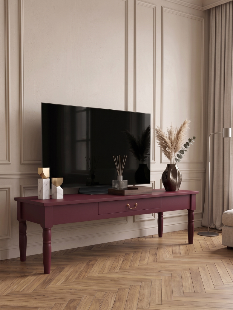 Woodenbend Marine Bordo TV Sehpası | 160 cm Klasik Country Tarz Lake Boyalı Torna Ayaklı TV Ünitesi