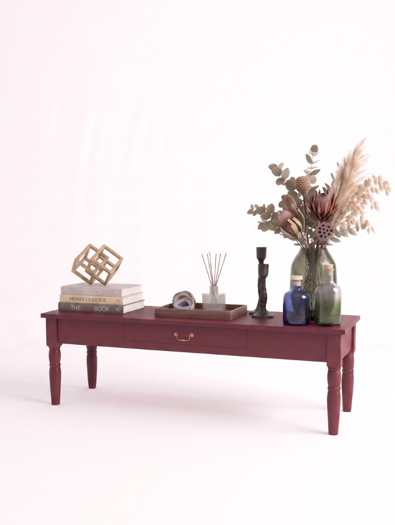 Woodenbend Marine Bordo TV Sehpası | 160 cm Klasik Country Tarz Lake Boyalı Torna Ayaklı TV Ünitesi