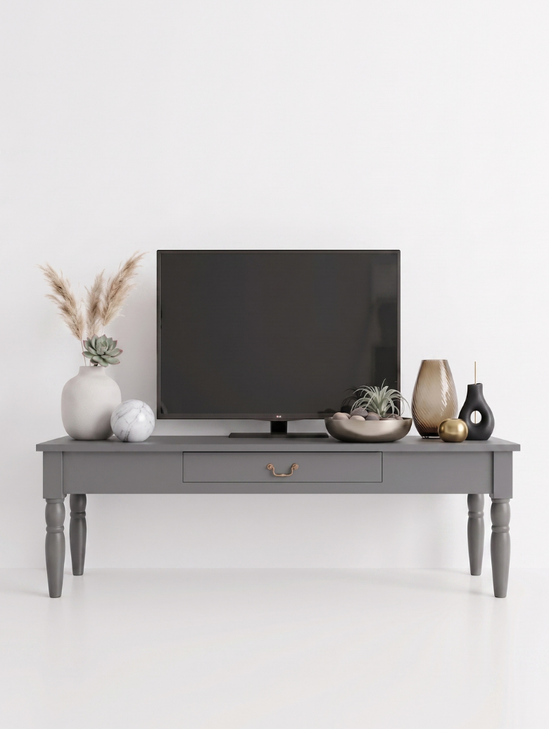 Woodenbend Marine Gri TV Sehpası | 160 cm Klasik Country Tarz Lake Boyalı Torna Ayaklı TV Ünitesi