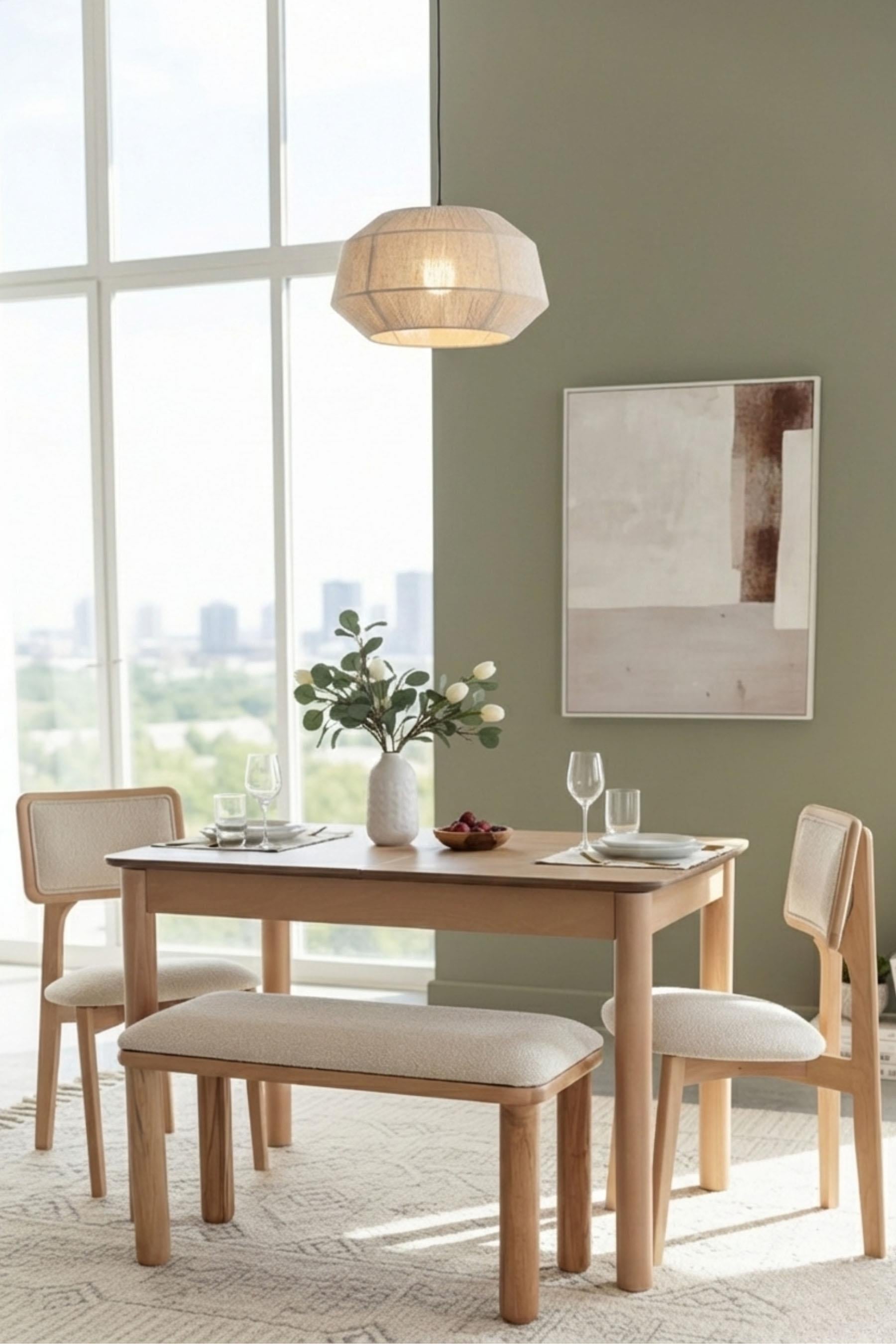 Woodenbend Elena Naturel Ahşap Açılır Mutfak Masa Takımı 80x120 cm – Bench + 2 Döşeme Sandalyeli Vintage Masa Takımı