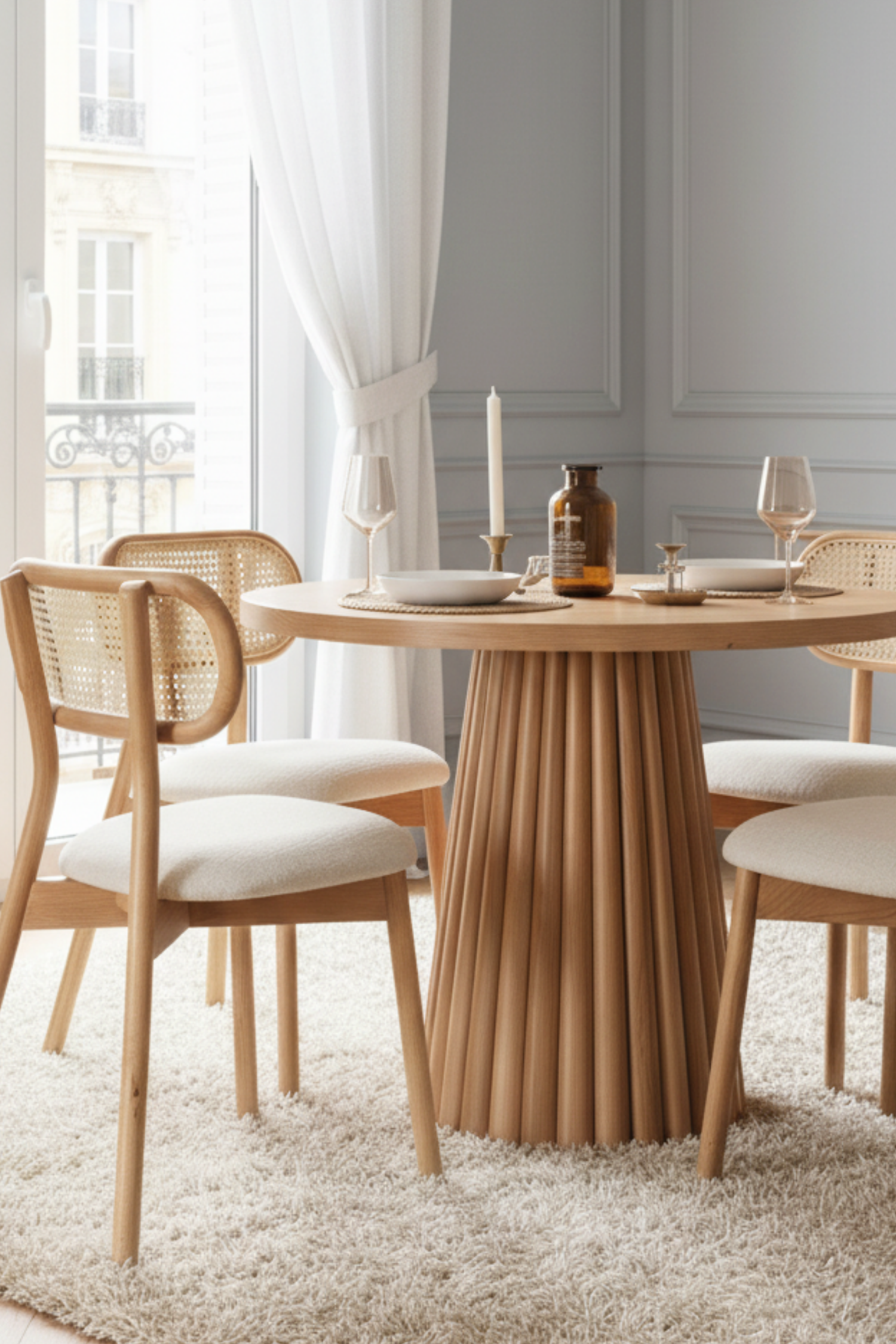 Woodenbend Elle Yuvarlak Natural 100 cm Ahşap Yemek Masası Takımı – Hazeran Sandalyeli 4 Kişilik Masa Seti
