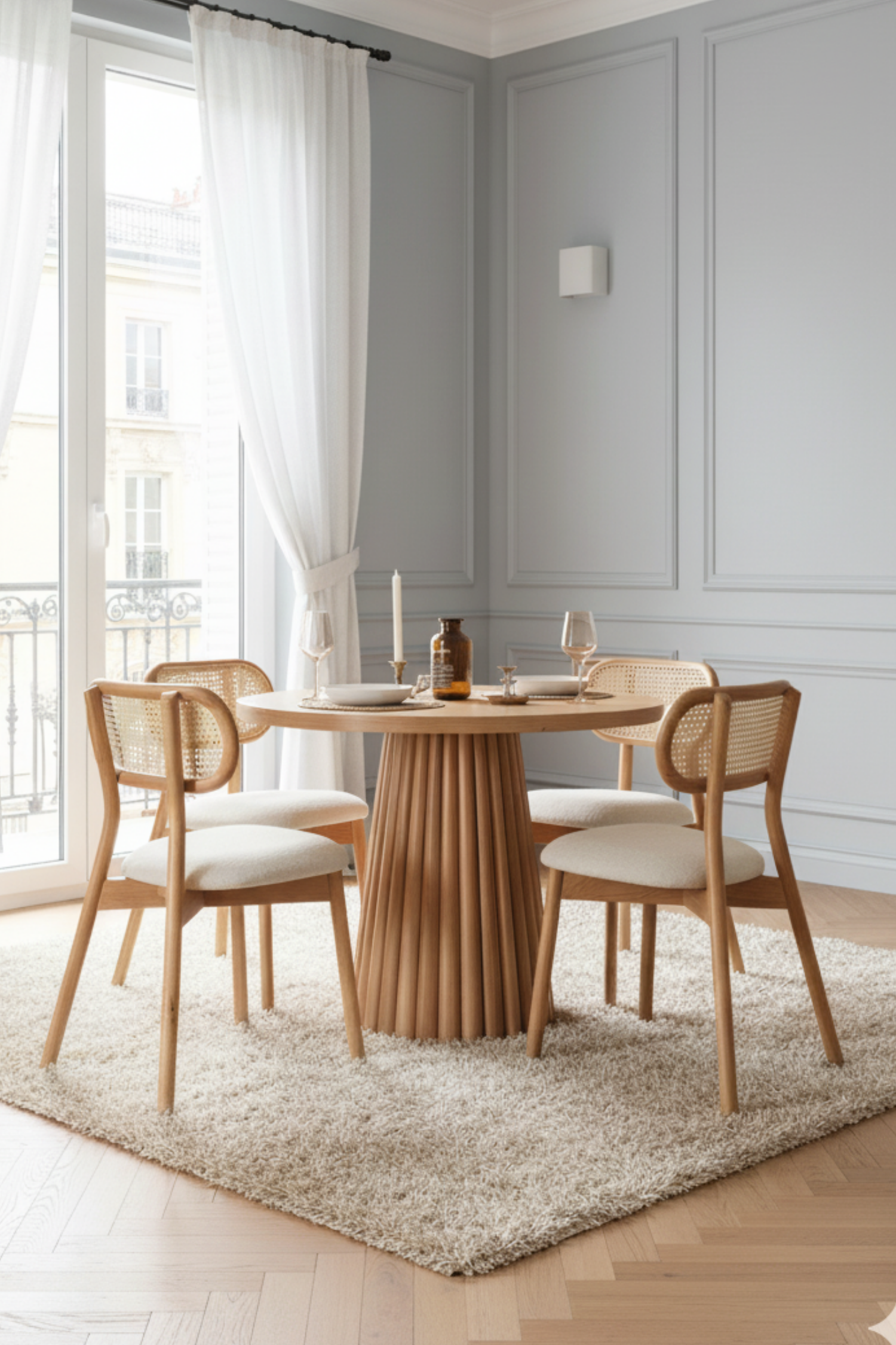 Woodenbend Elle Yuvarlak Natural 100 cm Ahşap Yemek Masası Takımı – Hazeran Sandalyeli 4 Kişilik Masa Seti