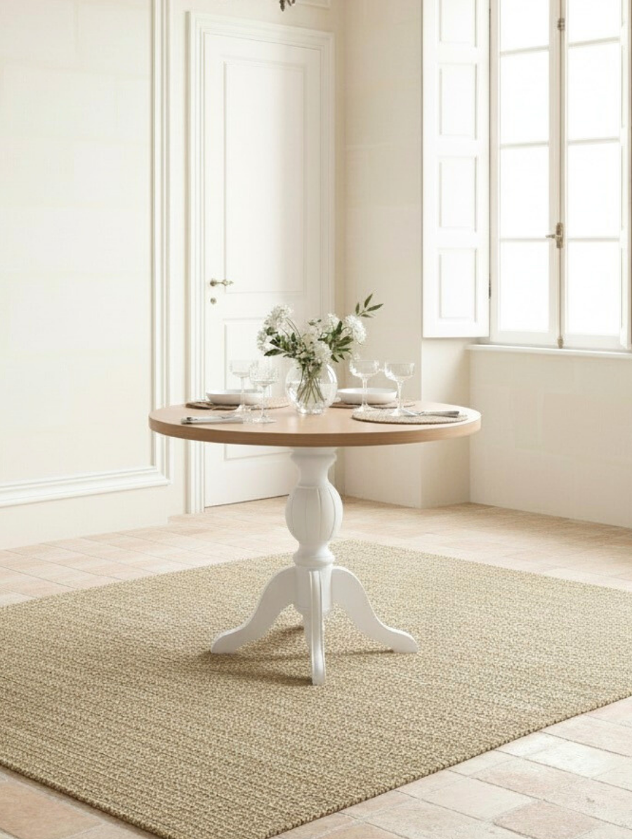 Woodenbend Kraunt Natural Yuvarlak Ahşap Masa Takımı 100x100 cm – 4 Beyaz Sandalyeli Modern İskandinav