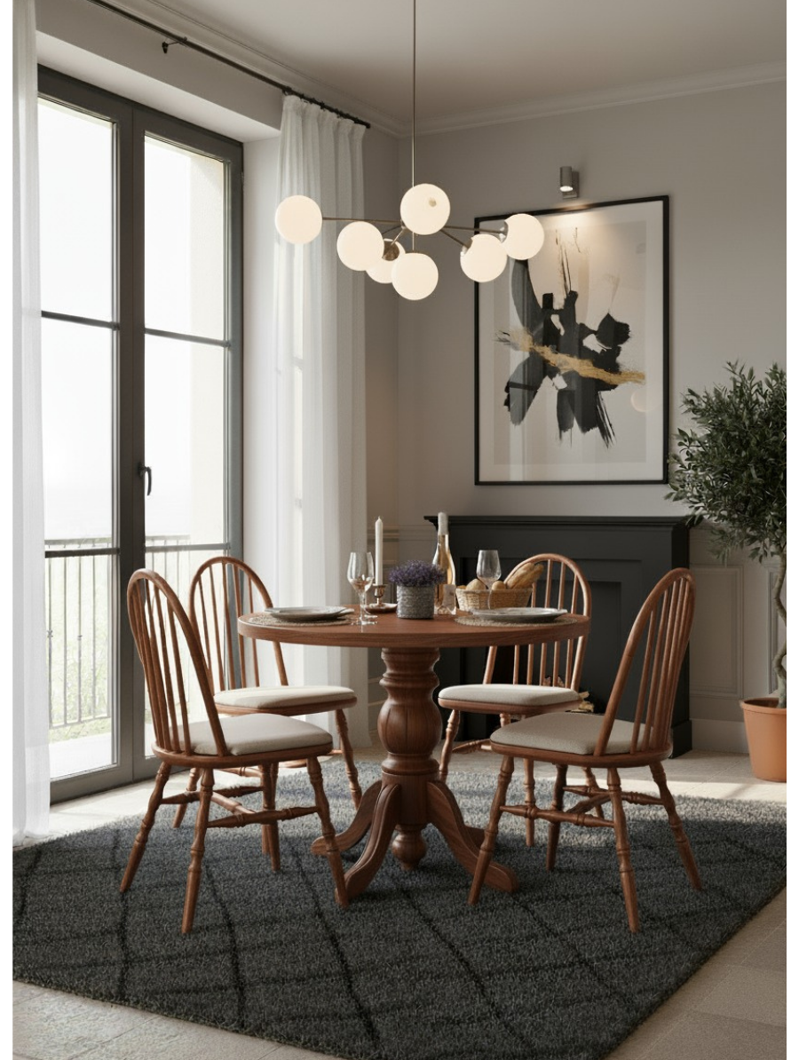 Woodenbend Laura Ceviz Rengi 100x100 cm Yuvarlak Ahşap Masa Takımı – 4 Kişilik Modern İskandinav & Country Stil Sandalyeli Yemek Masası Seti