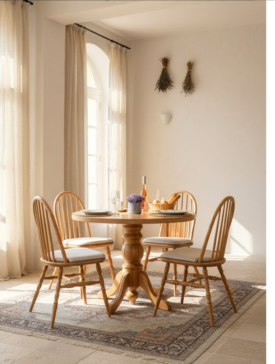 100x100 cm Yuvarlak Masa Takımı 4 Kişilik – Ahşap Kayın Ağacı Sandalyeli Modern Country & İskandinav Yemek Masası Seti
