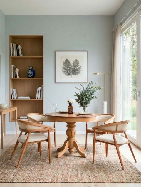 Woodenbend Lora Naturel Yuvarlak Açılabilir Ahşap Yemek Masası Takımı 100x100 cm – Kumaş Sandalyeli 4-6 Kişilik Mutfak ve Salon Masa Seti