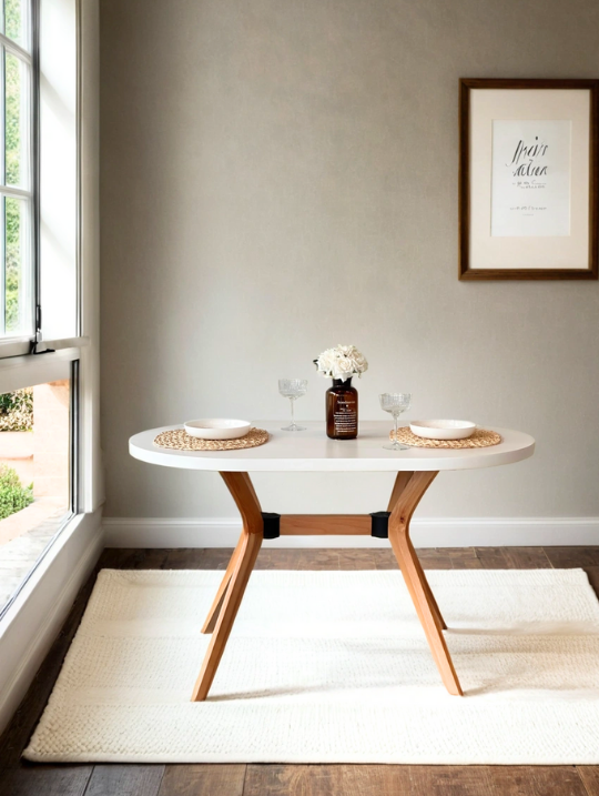 Woodenbend Arlen Natural Oval Beyaz Benchli Masa Sandalye Takımı 80x130 – 2 Sandalyeli + Benchli Ahşap Masa Seti