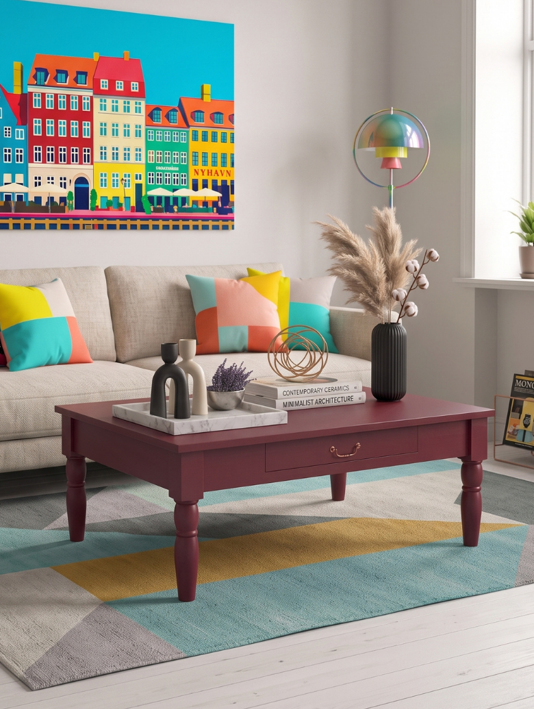 Woodenbend Marine Bordo Orta Sehpa | 80x80 cm Country Tarz Torna Ayaklı Kare Lake Sehpa