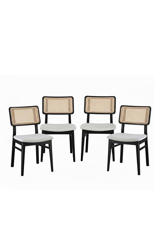Woodenbend Marine Siyah 4lü Natural Ahşap Hazeranlı Sandalye – Modern İskandinav Konforlu Oturum