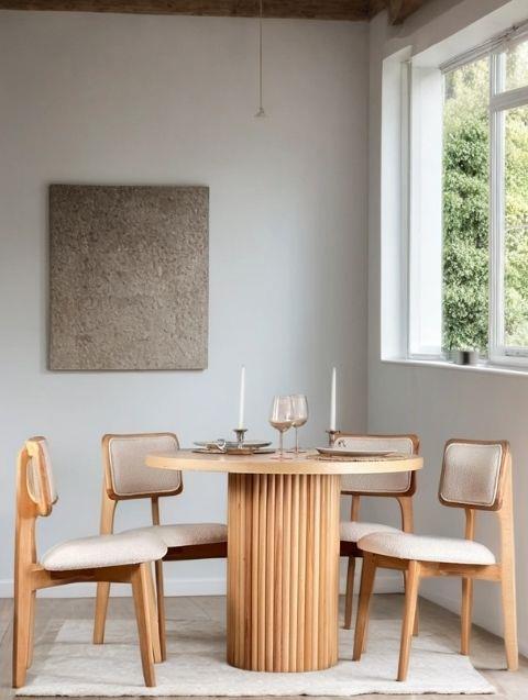 Woodenbend Mirla Yuvarlak Natural 100 cm Ahşap Yemek Masası Takımı – Döşemeli Sandalyeli 4 Kişilik Masa Seti