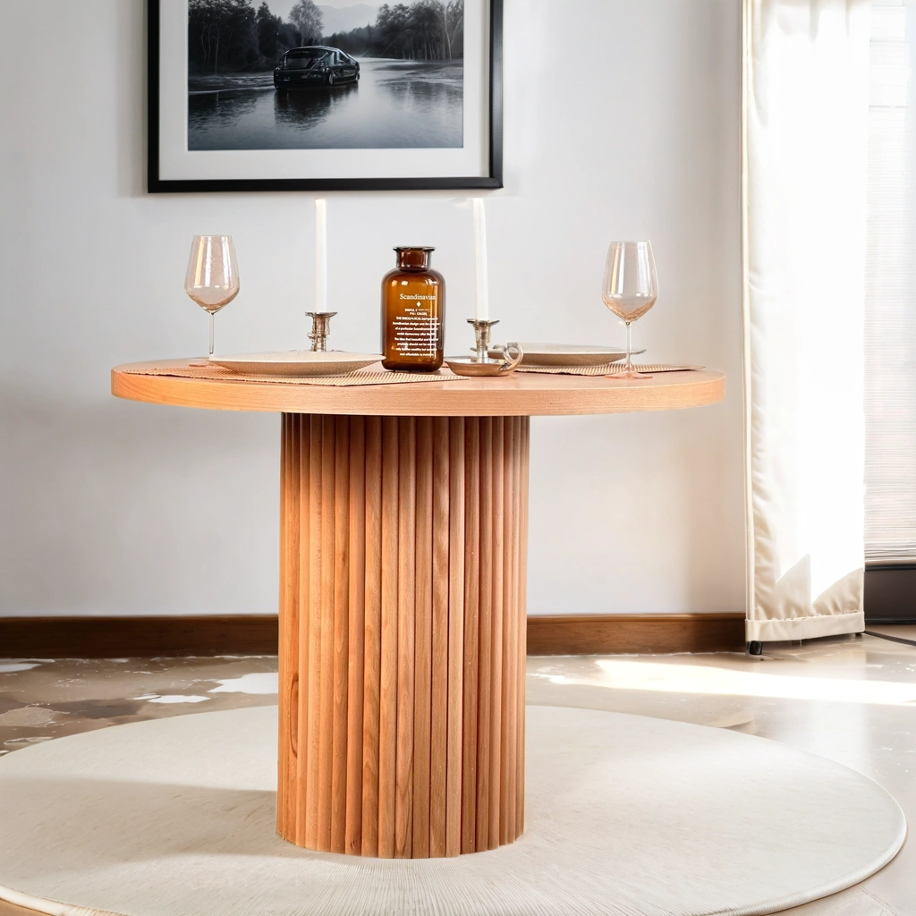 Woodenbend Mirla Yuvarlak Natural 100 cm Ahşap Yemek Masası Takımı – Döşemeli Sandalyeli 4 Kişilik Masa Seti