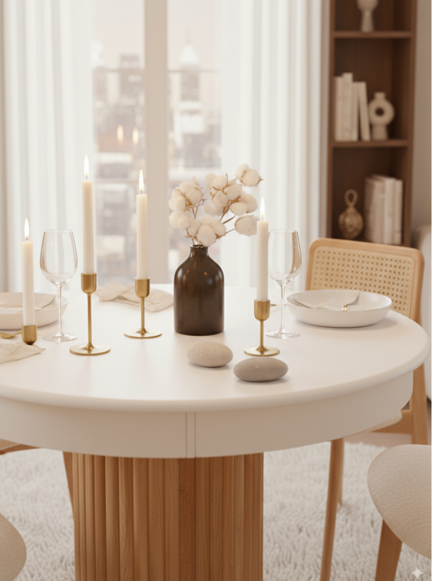Woodenbend Mirla Natural Ahşap Beyaz Açılır Masa Takımı 100x100 cm – Açılınca 100x130 cm, Modern Tasarım