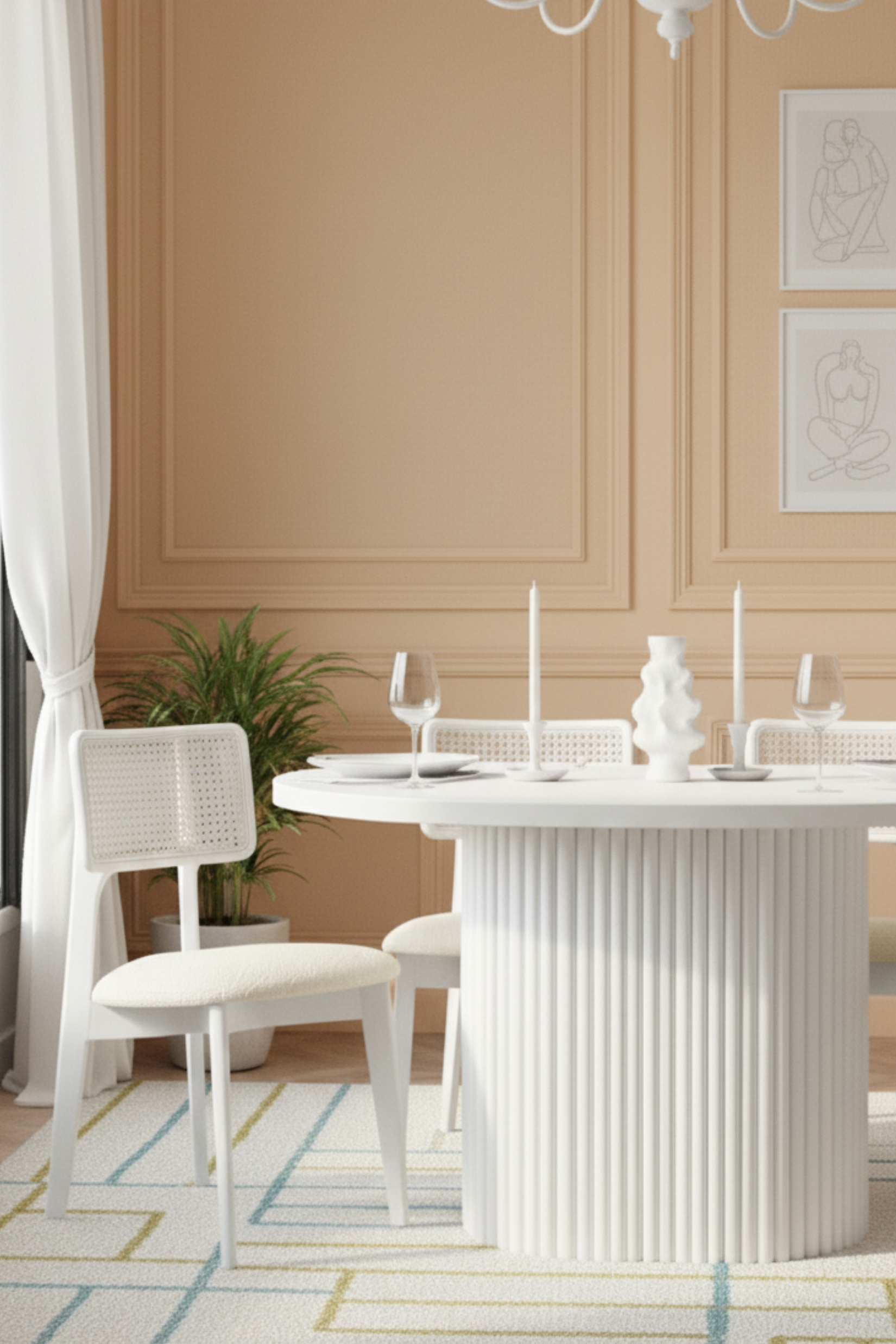 Woodenbend Mirla Oval Beyaz Ahşap 80x130 Ahşap Yemek Masası Takımı – Hazeran Sandalyeli 4 Kişilik Masa Seti