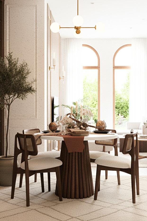 Woodenbend Monaco Ceviz Beyaz Yuvarlak Masa Sandalye Takımı 100x100 cm – 4 Doğal Hazeranlı Sandalyeli Modern Country İskandinav Set