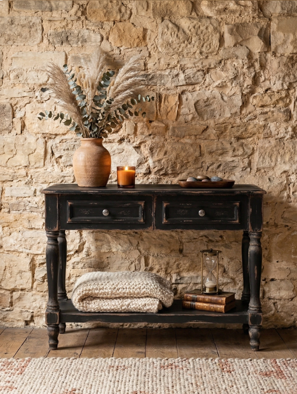 Woodenbend Nirvana Antik Siyah Eskitme Dresuar 110 cm | 2 Çekmeceli Torna Ayaklı Country Vintage Antre Konsolu