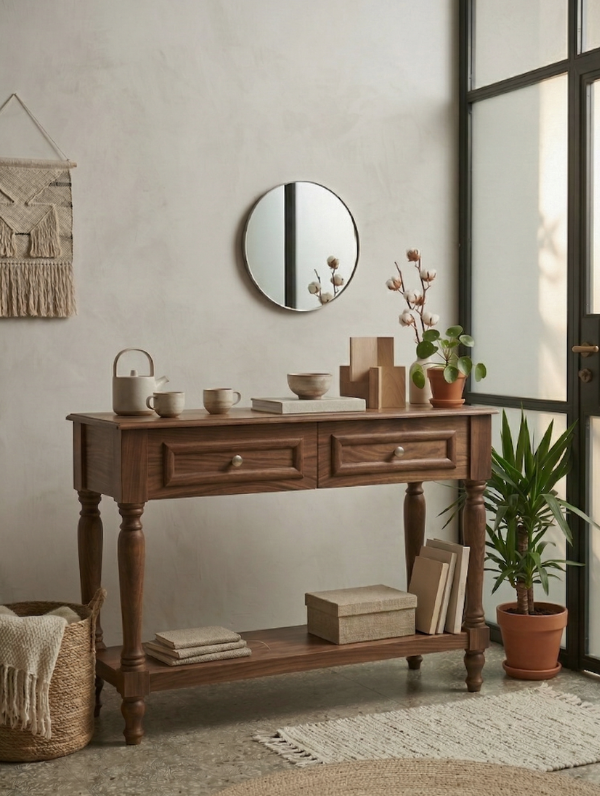 Woodenbend Nirvana Ceviz Renk Dresuar 110 cm | 2 Çekmeceli Torna Ayaklı Vintage Country Şık Antre Konsolu