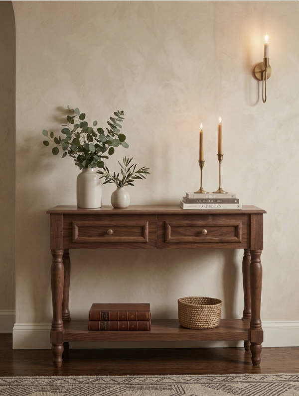 Woodenbend Nirvana Ceviz Renk Dresuar 110 cm | 2 Çekmeceli Torna Ayaklı Vintage Country Şık Antre Konsolu