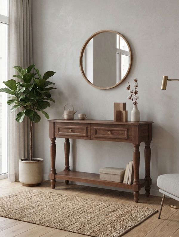 Woodenbend Nirvana Ceviz Renk Dresuar 110 cm | 2 Çekmeceli Torna Ayaklı Vintage Country Şık Antre Konsolu