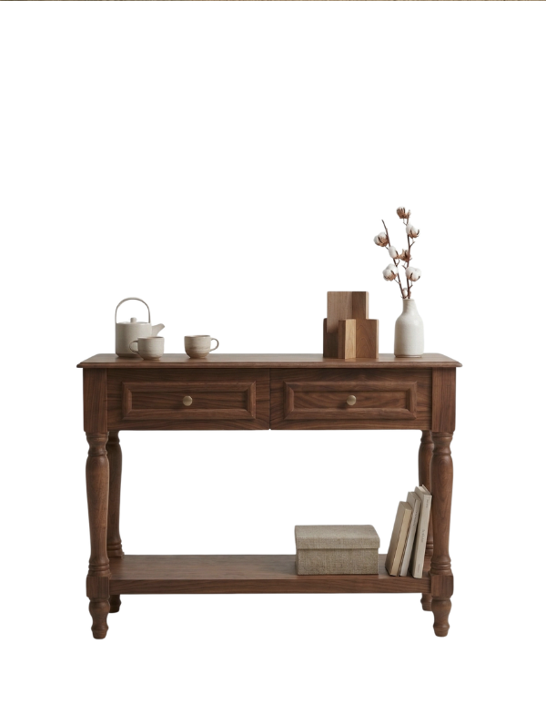 Woodenbend Nirvana Ceviz Renk Dresuar 110 cm | 2 Çekmeceli Torna Ayaklı Vintage Country Şık Antre Konsolu