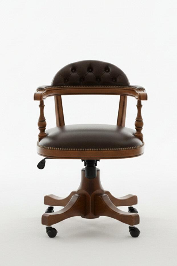 Woodenbend Orin Ceviz Rengi Kapitone Suni Deri Ofis Sandalyesi – Kayın İskelet Zamansız Stil