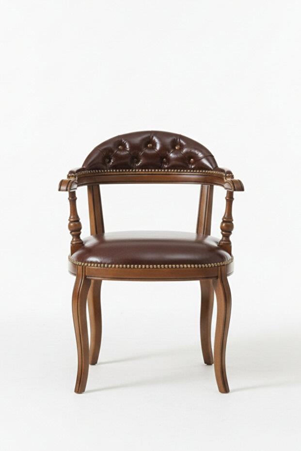 Woodenbend Orin Ceviz Rengi Kapitone Suni Deri Kolçaklı Sandalye – Kayın İskelet Zamansız Stil