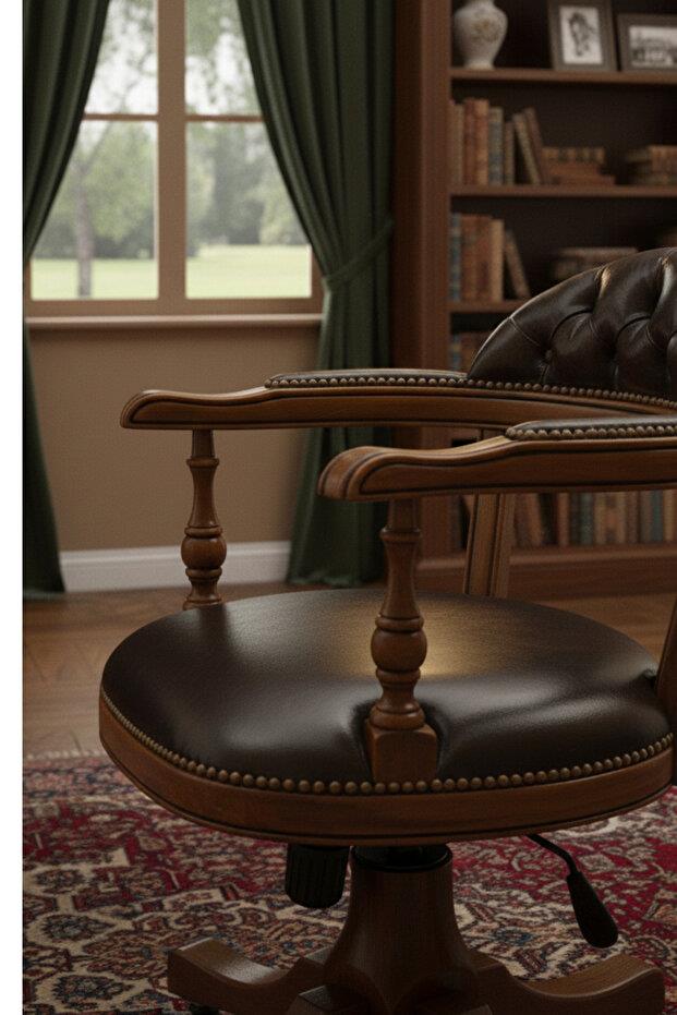 Woodenbend Orin Ceviz Rengi Kapitone Suni Deri Ofis Sandalyesi – Kayın İskelet Zamansız Stil