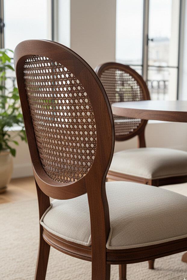 Woodenbend Orlando Ceviz Rengi Yuvarlak Masa Takımı 100 cm – 4 Doğal Hazeranlı Kayın Sandalye, Sabit Ahşap