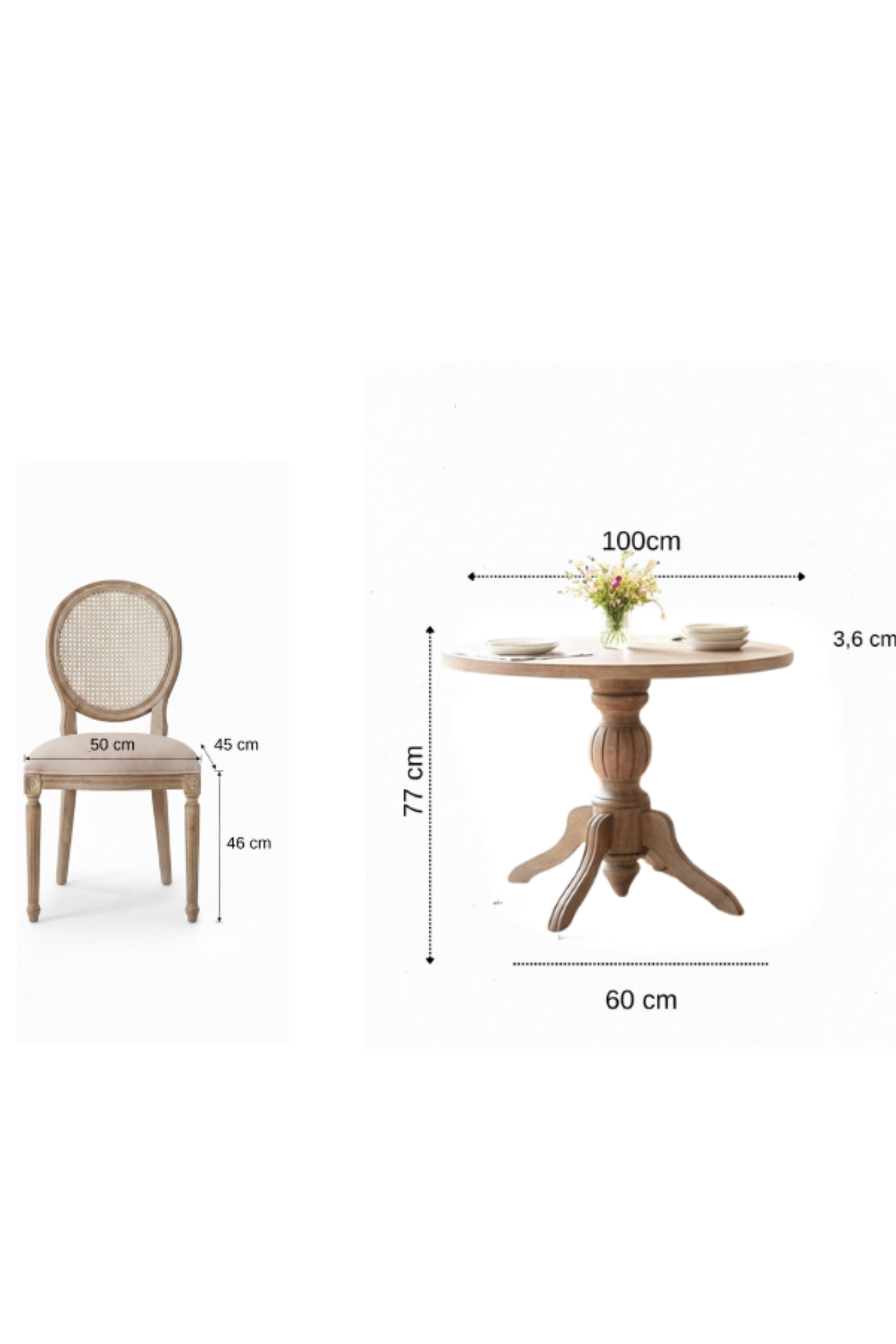 Woodenbend Orlando Eskitme Rengi Yuvarlak Masa Takımı 100 cm – 4 Doğal Hazeranlı Kayın Sandalye, Sabit Ahşap