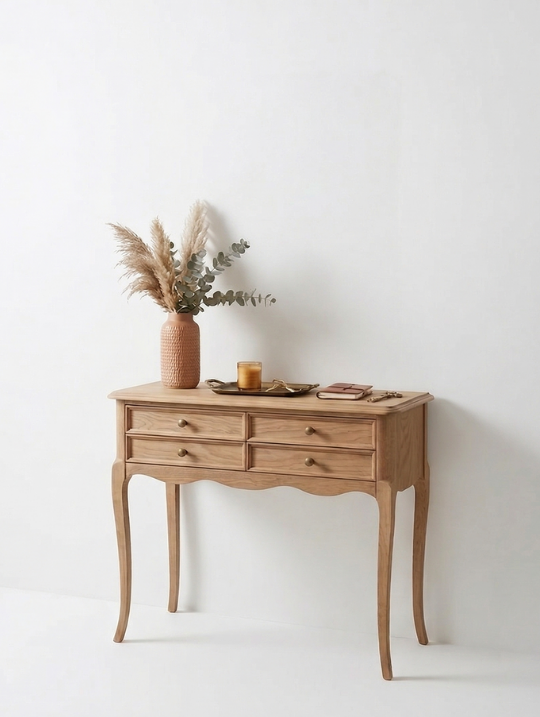 Woodenbend Oslo Natural Renk Ahşap Dresuar 4 Çekmeceli Antre Konsolu Rustik Country Klasik Şık Dresuar