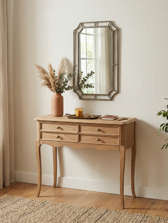 Woodenbend Oslo Natural Renk Ahşap Dresuar 4 Çekmeceli Antre Konsolu Rustik Country Klasik Şık Dresuar