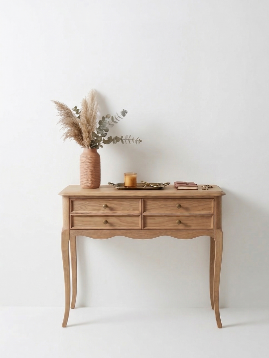 Woodenbend Oslo Natural Renk Ahşap Dresuar 4 Çekmeceli Antre Konsolu Rustik Country Klasik Şık Dresuar
