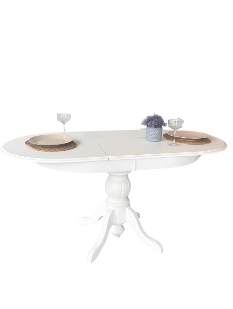 Woodenbend Ronya Beyaz Ahşap Hazeranlı Oval Açılır Masa Sandalye Takımı 80x120 – 4 Sandalyeli Beyaz Masa Seti
