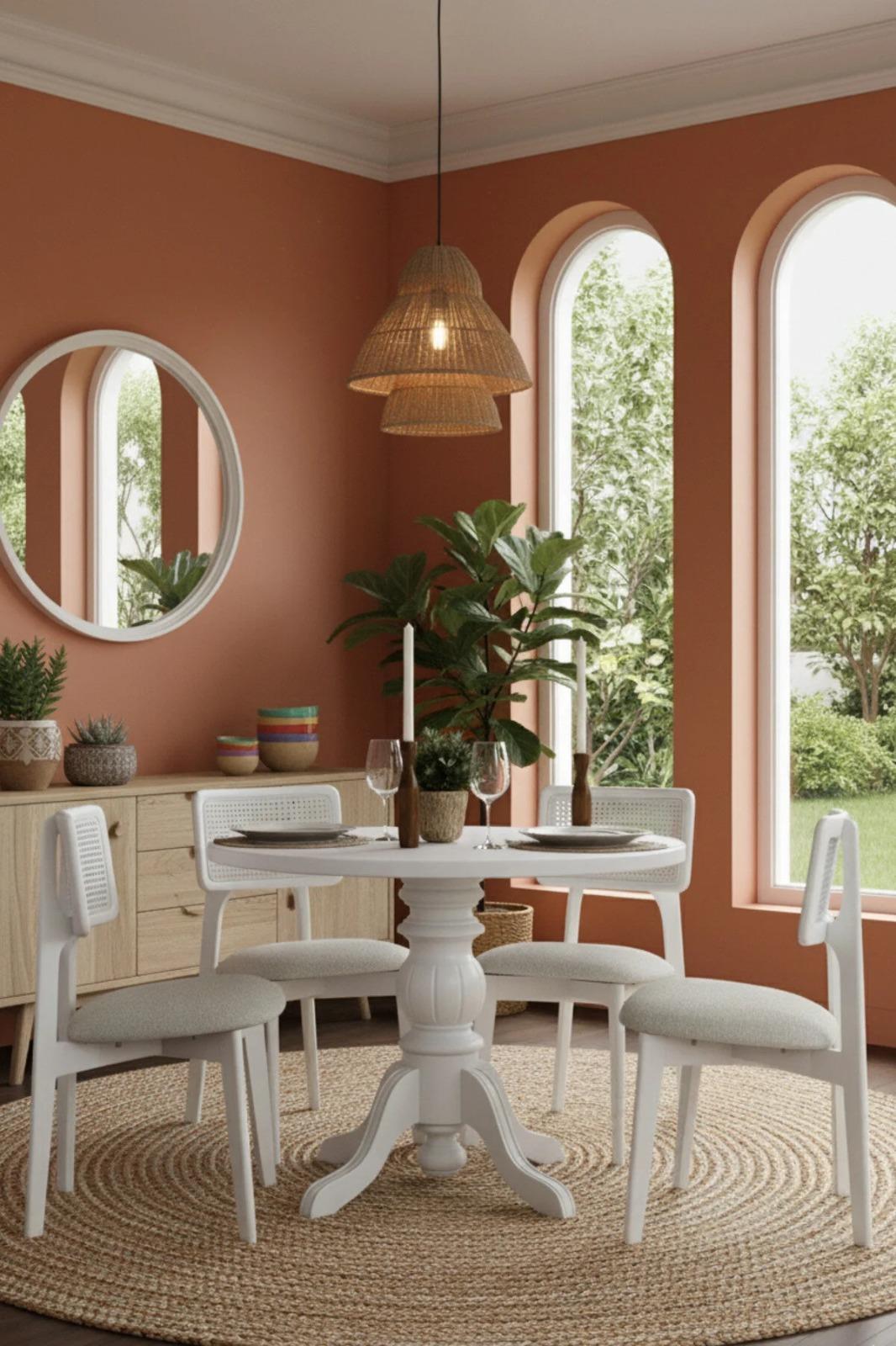 Woodenbend Rosense Yuvarlak Beyaz 100 cm Ahşap Yemek Masası Takımı – Mat Lake Boyalı, Hazeran Sandalyeli 4 Kişilik Modern İskandinav Masa Seti