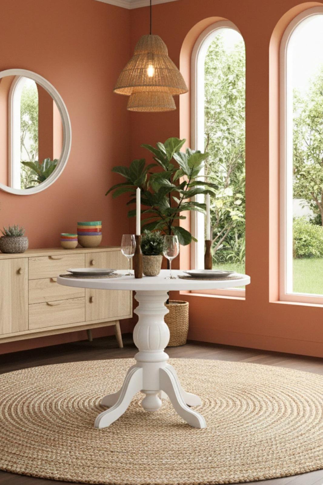Woodenbend Rosense Yuvarlak Beyaz 100 cm Ahşap Yemek Masası Takımı – Mat Lake Boyalı, Hazeran Sandalyeli 4 Kişilik Modern İskandinav Masa Seti