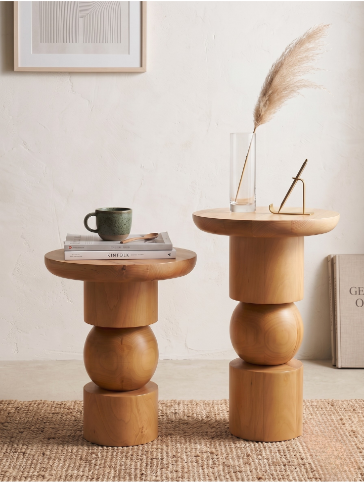 Woodenbend Stella Naturel 2li Doğal Ahşap Yan Sehpa Seti 35 cm | Modern Organik Tasarım Masif Ahşap Sehpa
