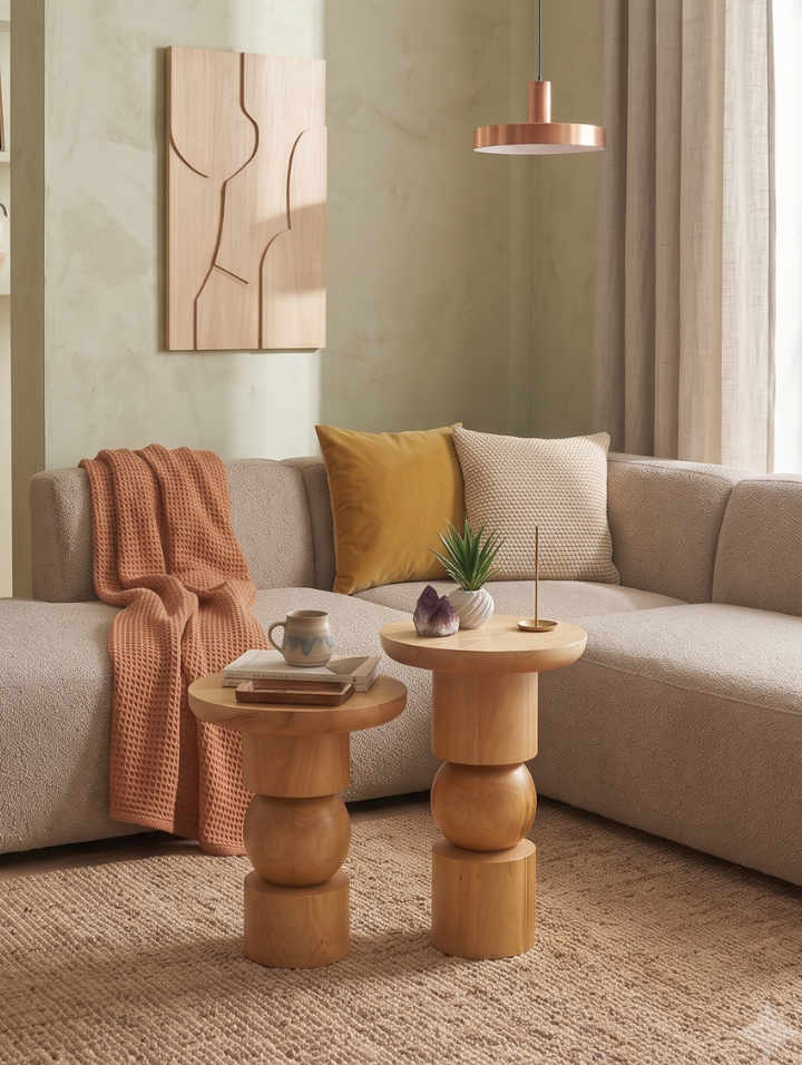 Woodenbend Stella Naturel 2li Doğal Ahşap Yan Sehpa Seti 35 cm | Modern Organik Tasarım Masif Ahşap Sehpa