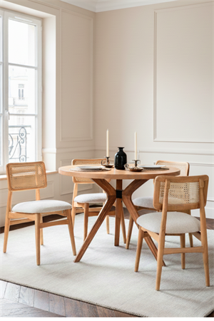  Woodenbend Milano Yuvarlak Natural 100 cm Ahşap Yemek Masası Takımı – Hazeran Sandalyeli 4 Kişilik Masa Seti