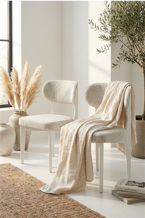 Cosmo Beyaz Ahşap Döşemeli Sandalye 2li Set 54x48x80 cm – Modern Kumaş Kaplı Yemek Odası & Mutfak Sandalyesi Takımı