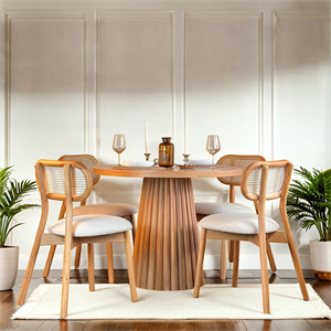 Woodenbend Elle Yuvarlak Natural 100 cm Ahşap Yemek Masası Takımı – Hazeran Sandalyeli 4 Kişilik Masa Seti