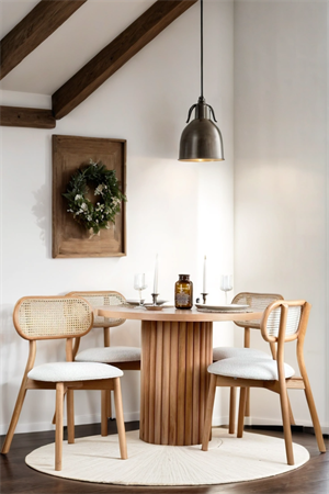 Woodenbend Haven Yuvarlak Natural 100 cm Ahşap Yemek Masası Takımı – Hazeran Sandalyeli 4 Kişilik Masa Seti