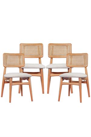 İris Natural Renk Kayın Ağacı Doğal Hazeran Sırt Döşemeli Sandalye 4lü Set | Country & İskandinav Tarz Ahşap Yemek Odası Sandalyesi