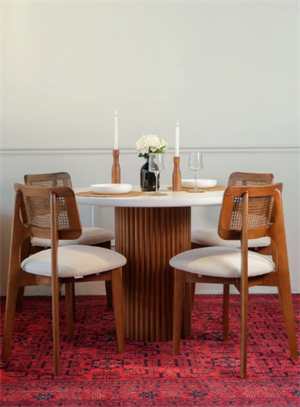 Woodenbend Mirla Yuvarlak Ceviz Beyaz 100 cm Ahşap Yemek Masası Takımı – Hazeran Sandalyeli 4 Kişilik Masa Seti