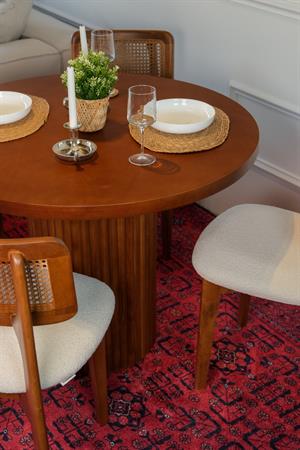 Woodenbend Mirla Yuvarlak Ceviz 100 cm Ahşap Yemek Masası Takımı – Hazeran Sandalyeli 4 Kişilik Masa Seti