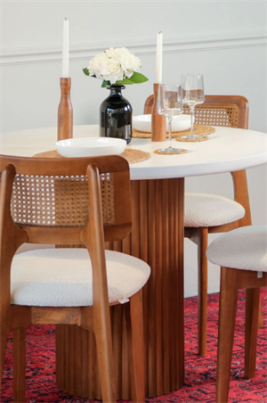 Woodenbend Mirla Yuvarlak Ceviz Beyaz 100 cm Ahşap Yemek Masası Takımı – Hazeran Sandalyeli 4 Kişilik Masa Seti