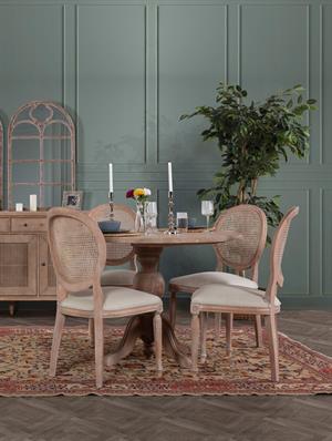 Woodenbend Orlando Yuvarlak Masif Eskitme 120x120  Masif Ahşap Yemek Masası Takımı – Ahşap Hazeranlı Sandalyeli 4 Kişilik Masa Seti