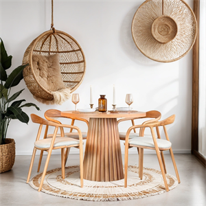 Woodenbend Simin Yuvarlak Natural 100 cm Ahşap Yemek Masası Takımı – Hazeran Sandalyeli 4 Kişilik Masa Seti